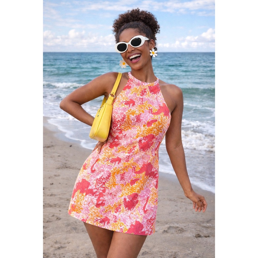 Vintage Lilly Pulitzer Women's Party Animals Print Pink Mini‎ Dress- Size 4